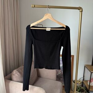 H&M Black Cropped Square Neck Long Sleeve Top Minimal Chic, M